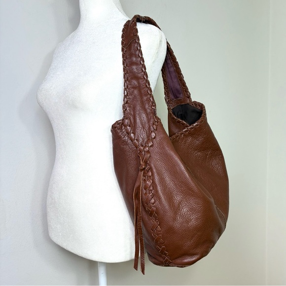 LUCKY BRAND Genuine Leather Large Boho Whipstitch Hobo Shoulder Bag Purse - Picture 5 of 16